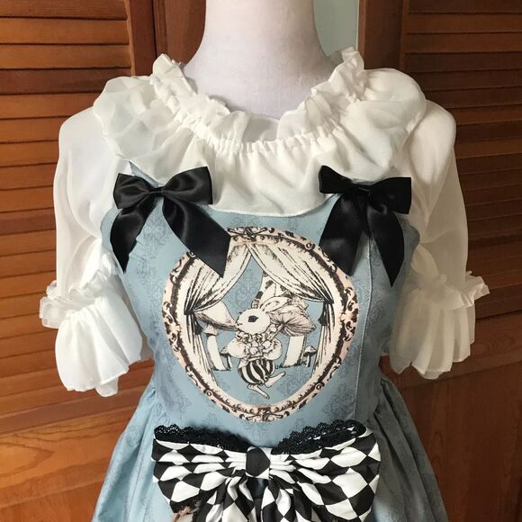 Lolita Alice in Wonderland Tea Party Follow the White Rabbit! Blue White Dress S - Picture 2 of 13
